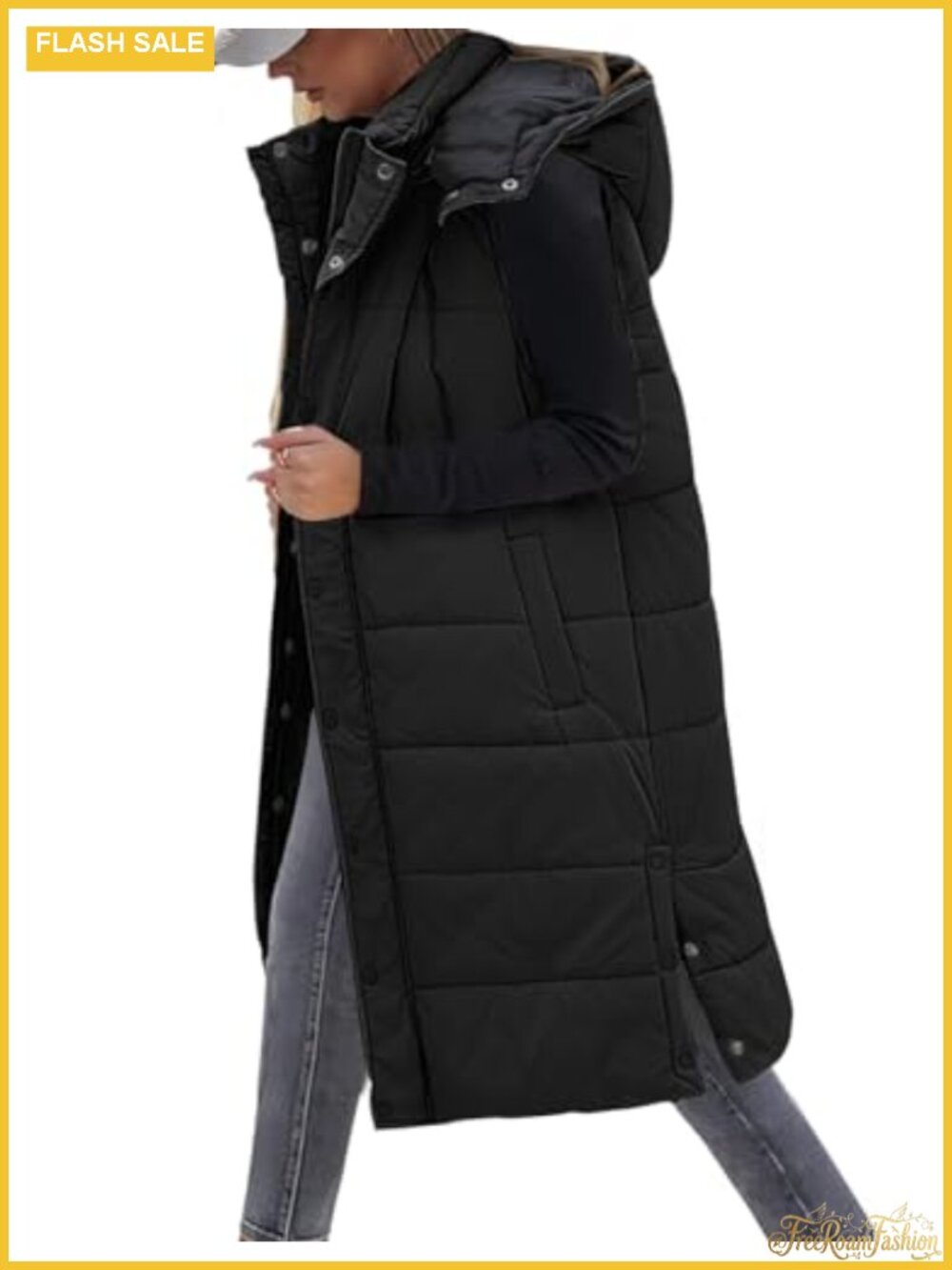 Women's Long Quilted Puffer Vest Hooded Button Down Sleeveless